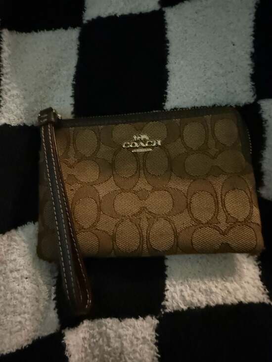 Coach Handbags - Coach Signature Canvas Small Wristlet in Khaki/Brown
